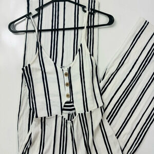 Love Tree White Pull on Striped‎ Wide Leg Spaghetti Straps Jumpsuit